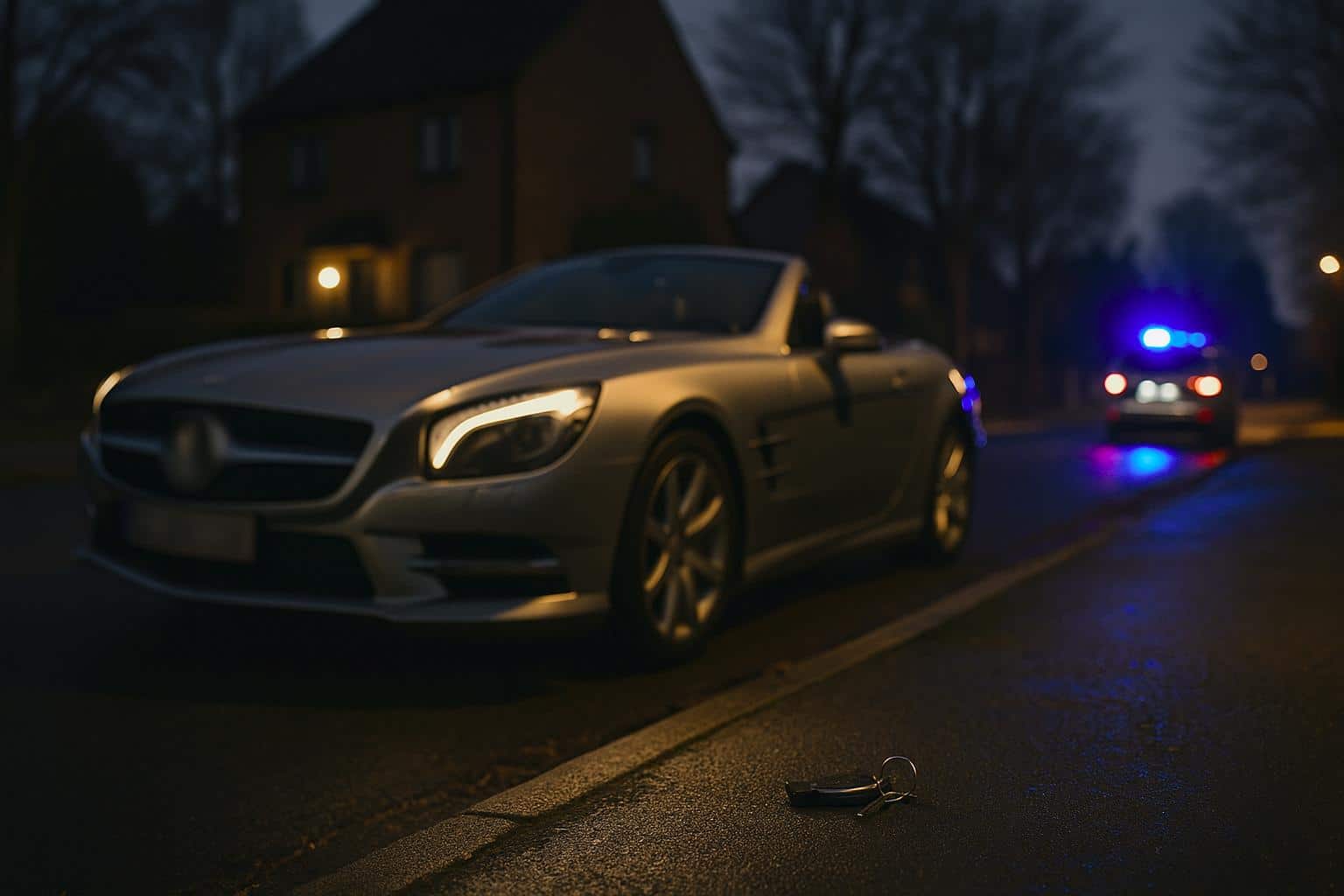 Roadster argenté garé de nuit sur une rue résidentielle humide, clés au sol au premier plan et gyrophares flous d’une voiture de police en arrière-plan.