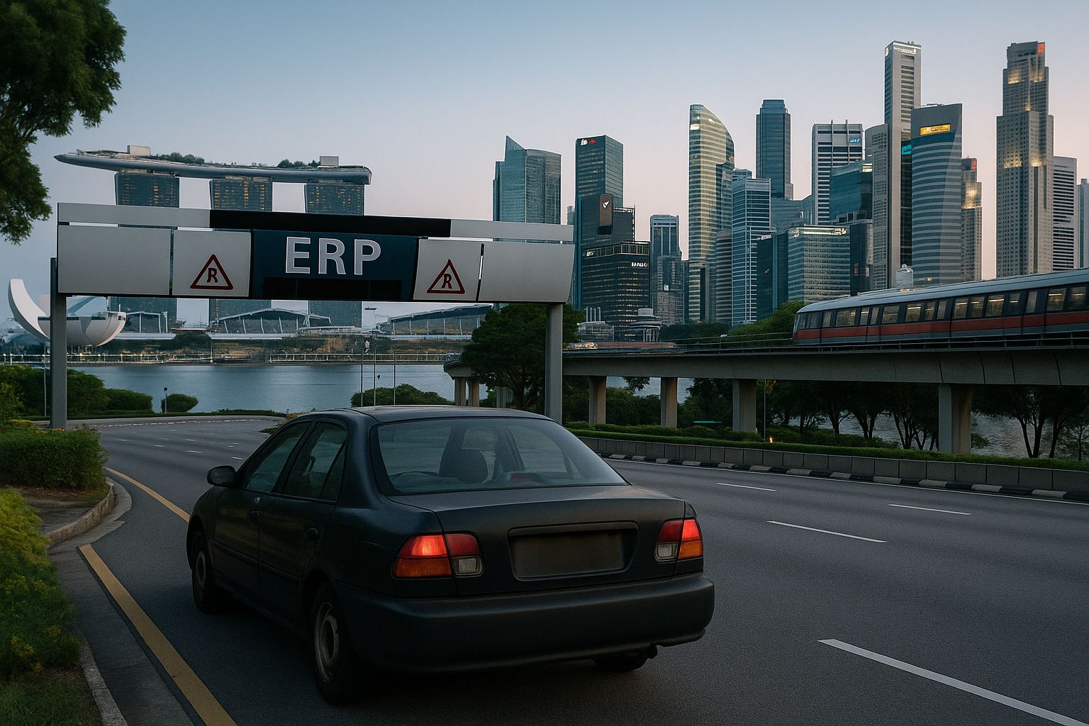 Vieille compacte approchant un portique ERP avec le skyline de Singapour et un métro aérien au crépuscule.