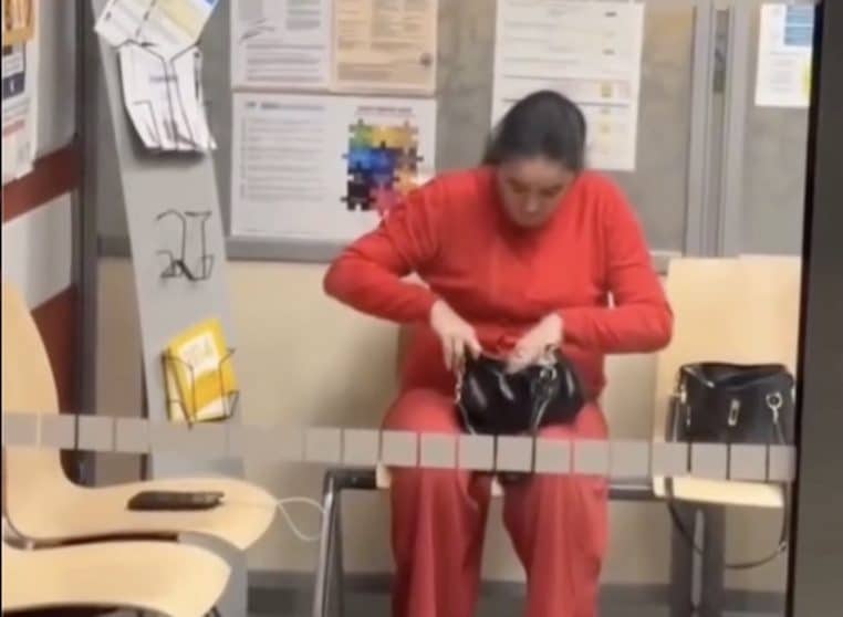 Femme vole un sac derrière une vitre