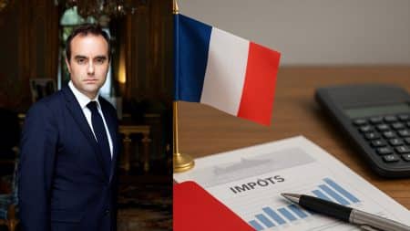 Sébastien Lecornu, Premier ministre français, et illustration symbolique de la fiscalité avec un drapeau tricolore et un document d’impôts.