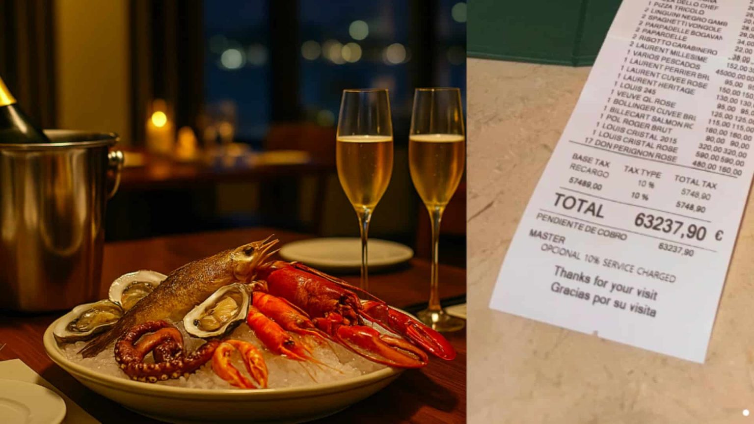 Plateau de fruits de mer et deux flûtes de champagne dans un restaurant de Palmanova, à côté d’un ticket d’addition affichant 63 237,90 €.