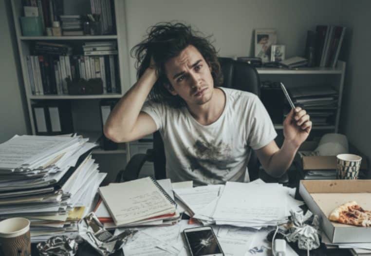 Personnes derrière son bureau, dépassée par le travail