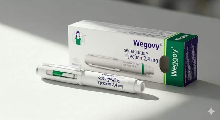 Image en gros plan d'un emballage de Wegovy et d'un stylo injecteur prérempli posés sur une surface blanche, avec des ombres douces. L'emballage est blanc avec des accents verts et le nom "Wegovy" est clairement visible. Le stylo injecteur est blanc avec une petite fenêtre verte indiquant le niveau du médicament.