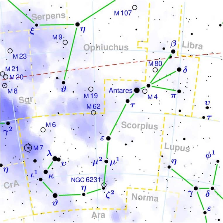 Carte astronomique de la constellation du Scorpion