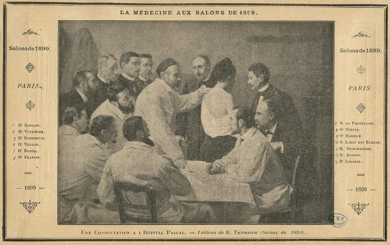 Consultation médicale dans un hôpital français, médecin et patient assis face à face, ambiance clinique.