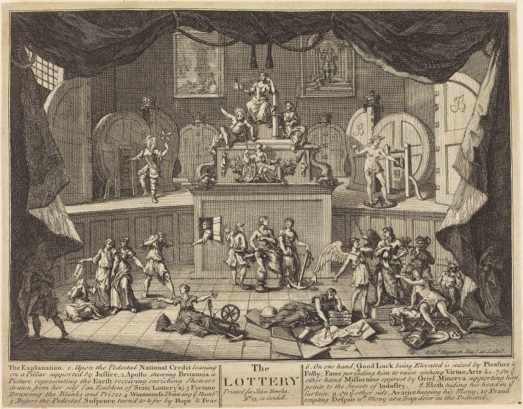 Gravure de Hogarth représentant une scène liée à la loterie, perspective artistique et historique du jeu.