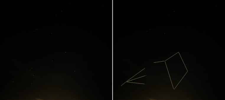 Panoramique nocturne où l’on distingue le Scorpion ; clin d’œil au cycle en Scorpion autour de la Nouvelle Lune.