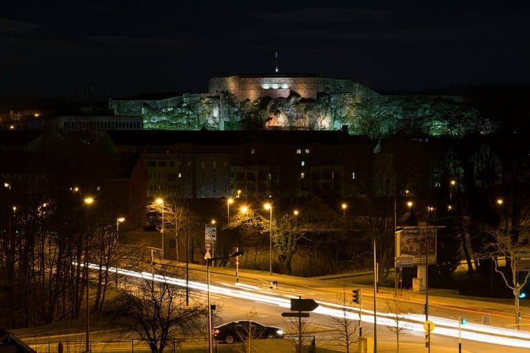 La citadelle et le Lion de Belfort éclairés la nuit, avec des traînées de phares au premier plan.
Légende : La citadelle et son Lion, illuminés à la nuit tombée — Belfort.