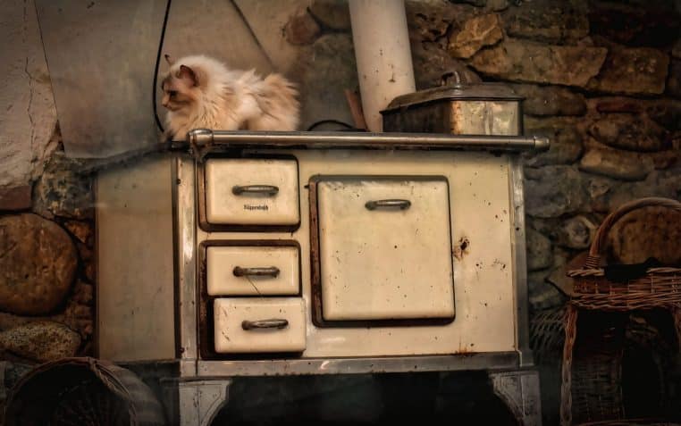 nostalgia, oven, pet, old, historical, wood stove, wood, antique, to bake, past, stove, animal, formerly, kitchen, cat, reute mill