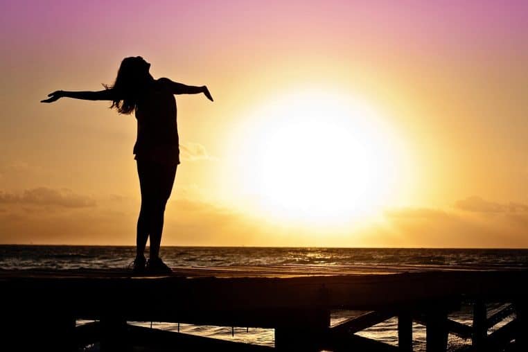 woman, girl, nature, freedom, happy, sun, silhouette, sunrise, beach, sunset, dusk, dawn, twilight