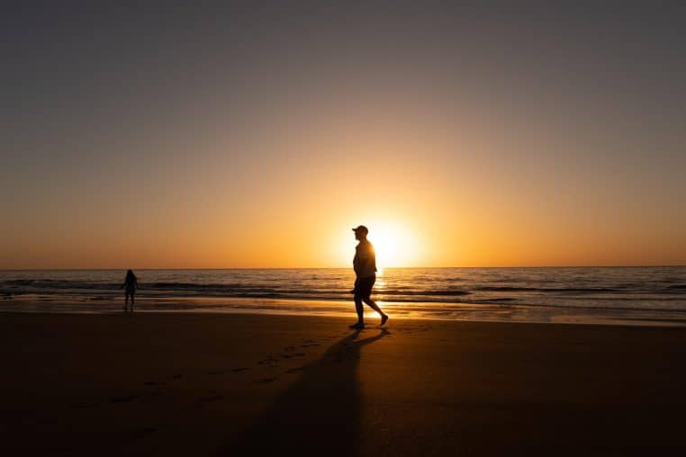 sea, nature, beach, man, morning, silhouette, sunrise, waves, horizon, canary islands, lanzarote