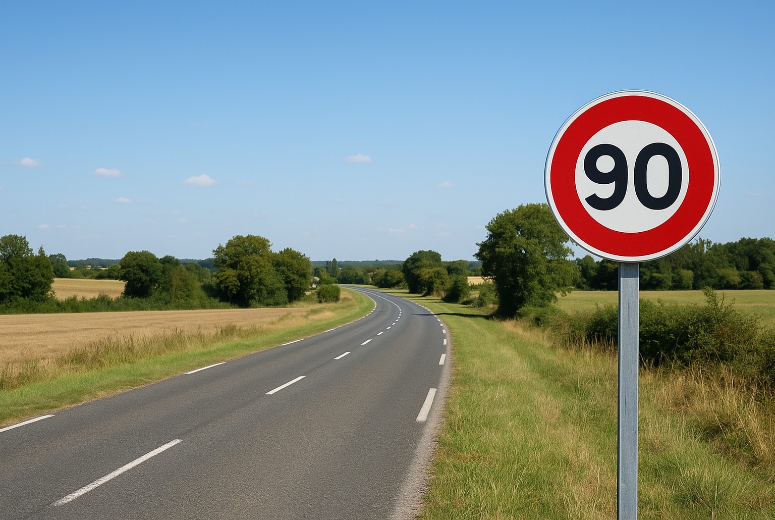 Route départementale française, panneau 90 km/h au premier plan, champs et arbres, ciel clair et visibilité dégagée illustrant un relèvement local.