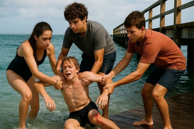 Adolescents ramenant un ami blessé sur un ponton après une attaque de requin.