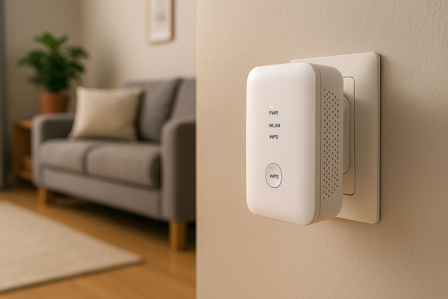 Répéteur Wi-Fi compact branché sur une prise murale dans un salon moderne, voyants allumés.