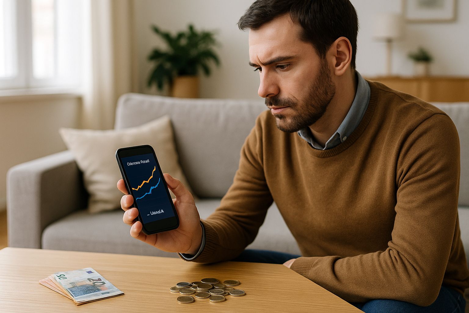 Épargnant consultant son smartphone pour comparer un fonds défense visant 5 % et le Livret A, billets et pièces en euros sur la table d’un salon lumineux.