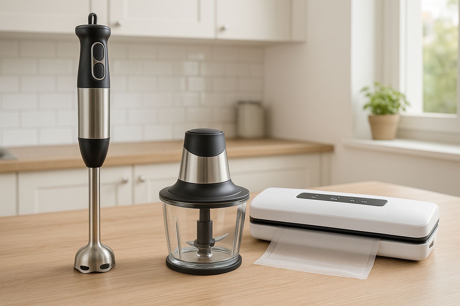 Plan de travail lumineux avec mixeur plongeant en inox, hachoir en verre et appareil de mise sous vide, dans une cuisine familiale moderne.