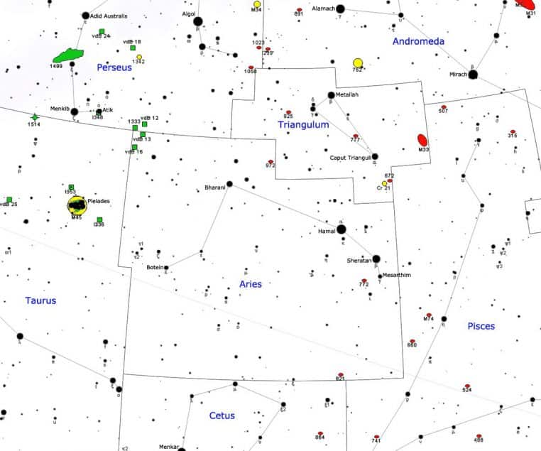 Carte classique de la constellation de l’Ariete avec Triangulum, repères utiles lorsque l’actualité évoque l’influence astrale d’un signe.
