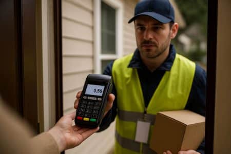 Faux livreur tendant un terminal pour un micro-paiement sur le pas de la porte