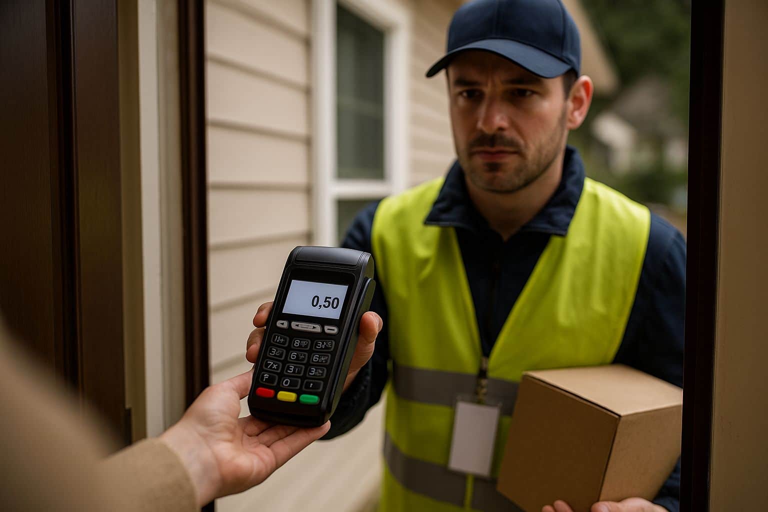 Faux livreur tendant un terminal pour un micro-paiement sur le pas de la porte
