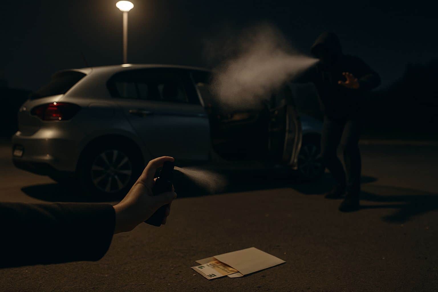 Faux rendez-vous pour une voiture d’occasion : jet de gaz poivré sous un lampadaire, enveloppe d’espèces au sol