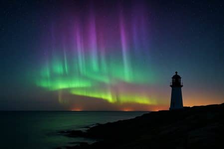 Aurore boréale vert-violet au-dessus d’un littoral français avec phare en silhouette et mer calme sous ciel étoilé.