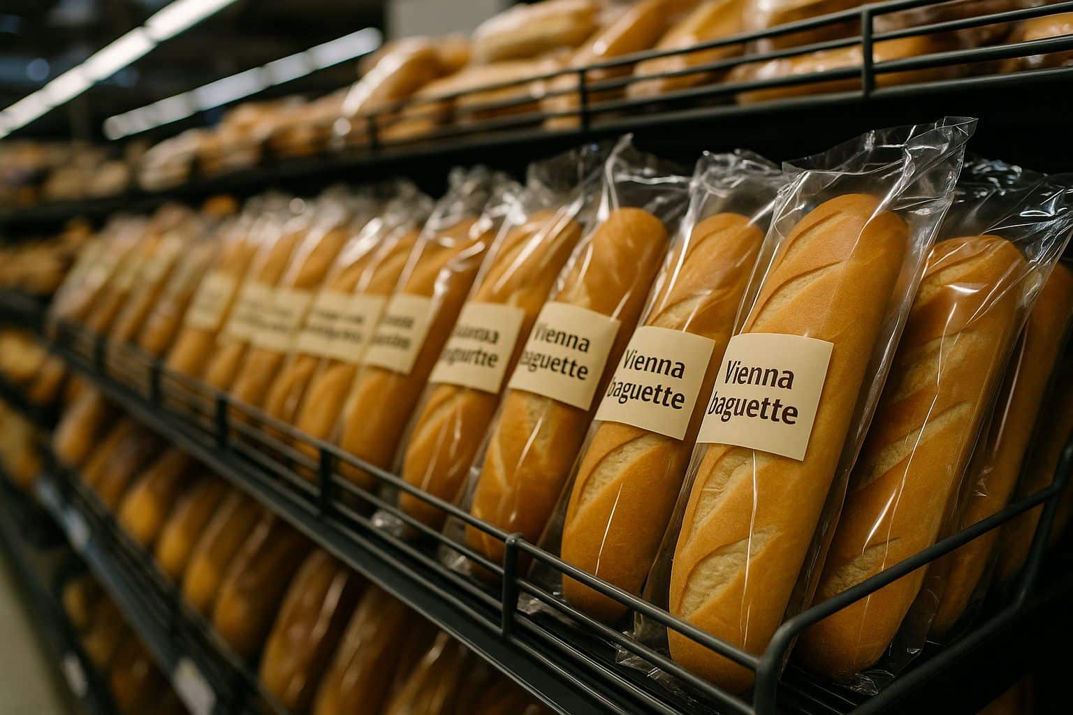 Baguettes viennoises emballées alignées sur un rayon de supermarché, avec mise au point sur l’étiquette et les pains en premier plan.