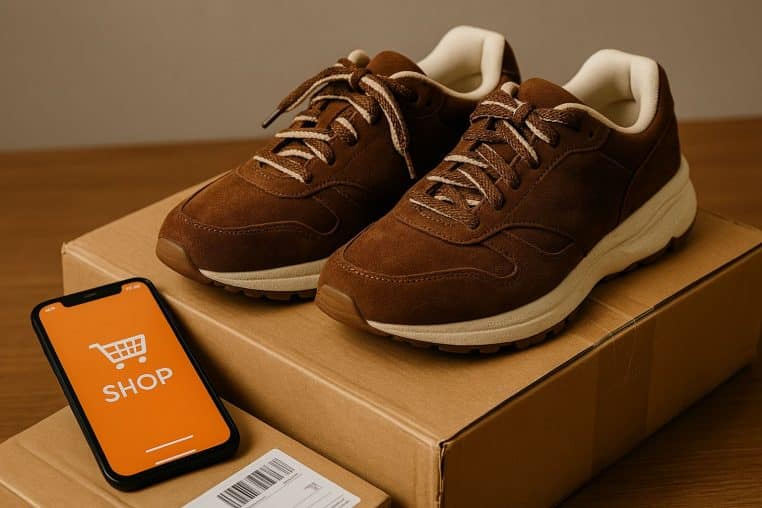 Basket marron posée sur un colis, smartphone ouvert sur une appli d’achat en ligne, ambiance “unboxing”