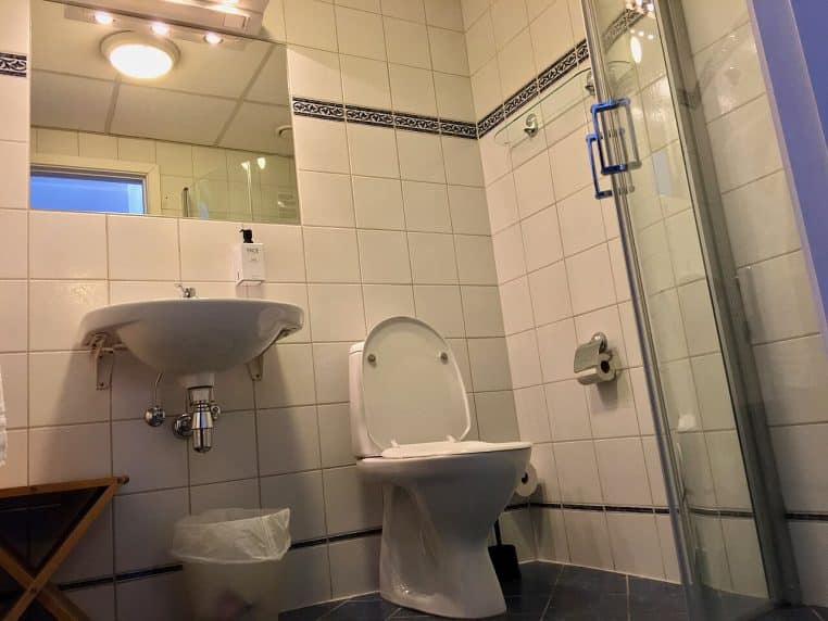 Salle de bains d’hôtel soignée : lavabo, miroir et cuvette propres, douche attenante, carrelage luisant.