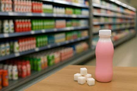Bouteille de yaourt à boire rose posée dans un rayon frais, avec des cubes de sucre au premier plan.