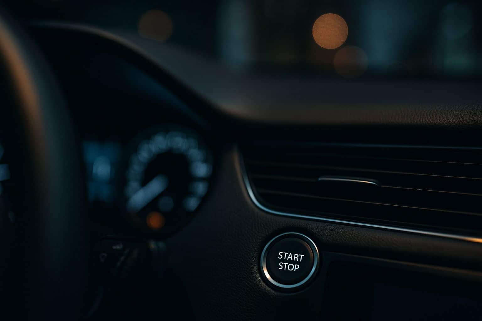 Gros plan d’un bouton Start/Stop éclairé sur une planche de bord moderne, flou urbain en arrière-plan.