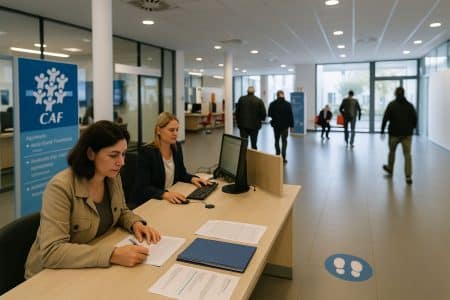 Guichet d’une CAF en France, agent au poste d’accueil et usagers en arrière-plan dans un hall lumineux.