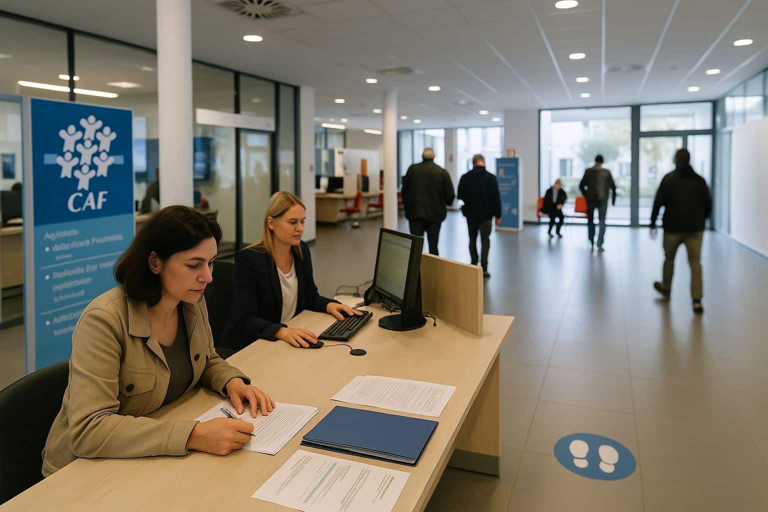 Guichet d’une CAF en France, agent au poste d’accueil et usagers en arrière-plan dans un hall lumineux.