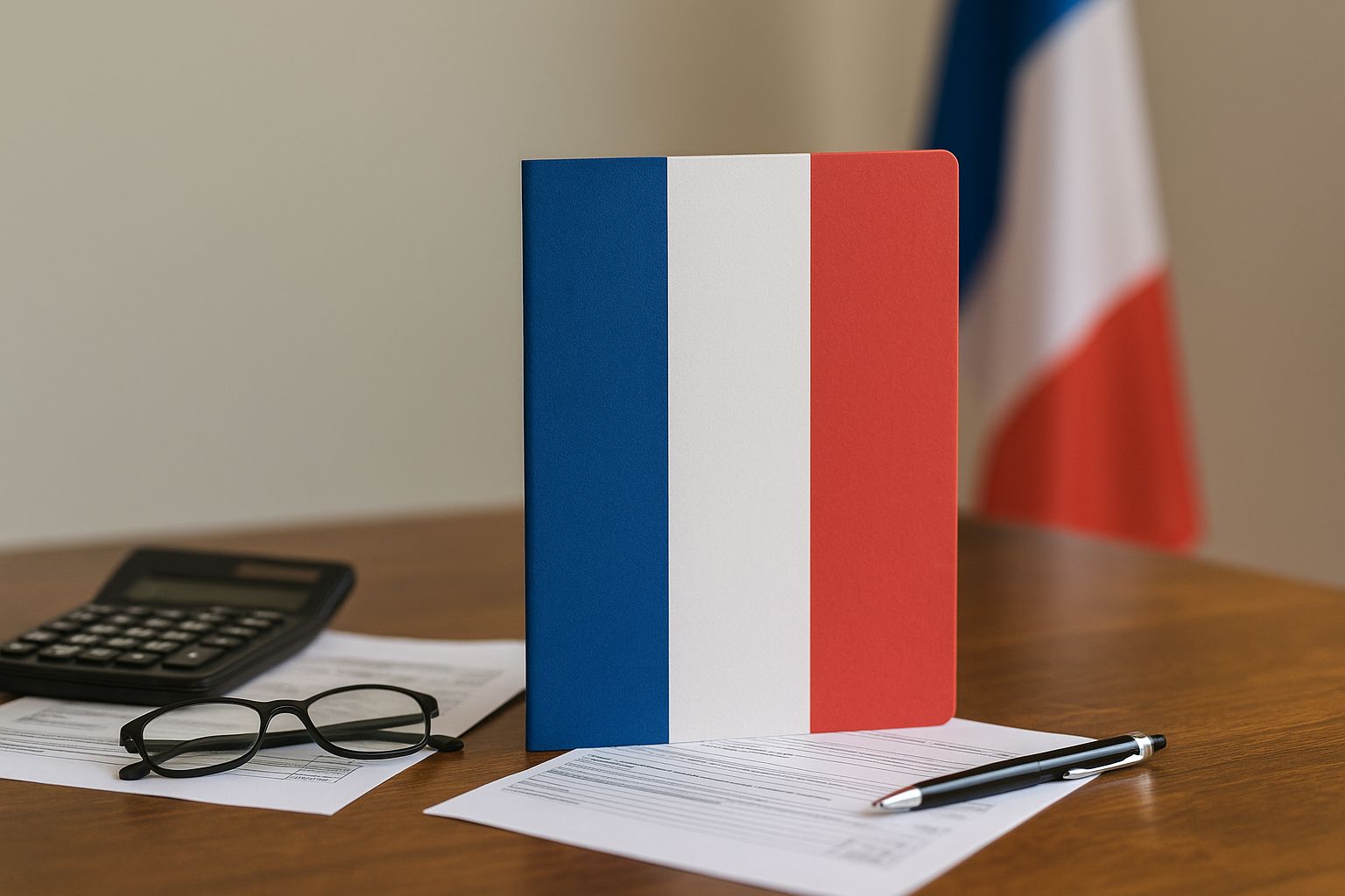 Dossier retraites sur un bureau, calculatrice et lunettes au premier plan, drapeau tricolore flou en arrière-plan