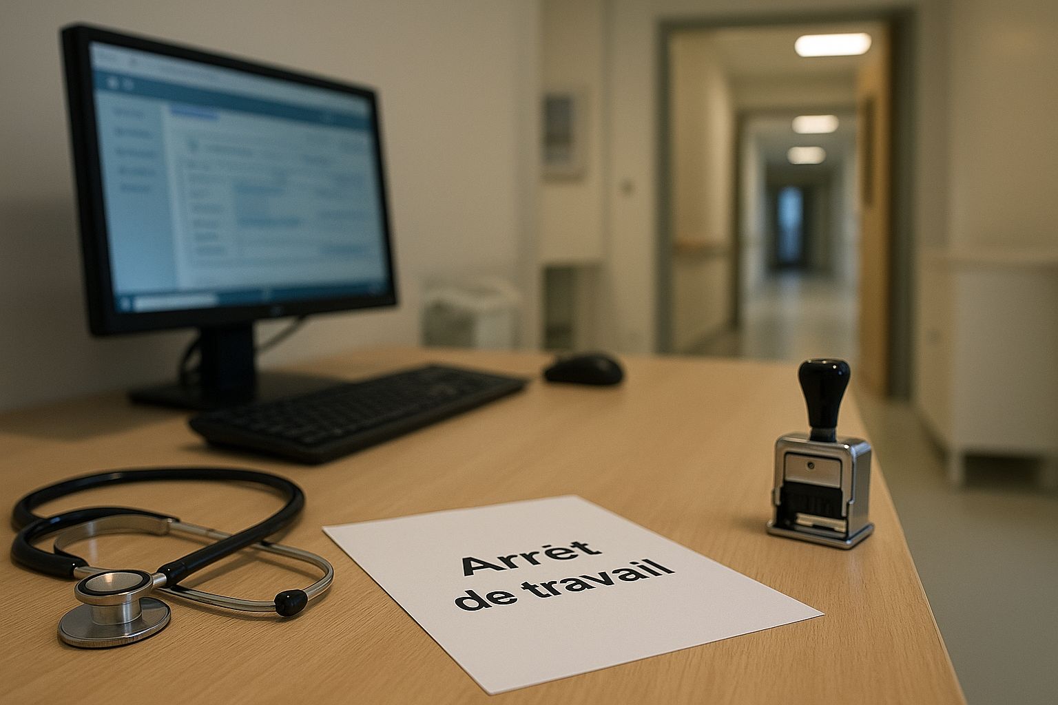 Avis d’arrêt de travail posé sur un bureau médical avec stéthoscope et tampon, écran d’ordinateur flou et couloir d’hôpital en arrière-plan