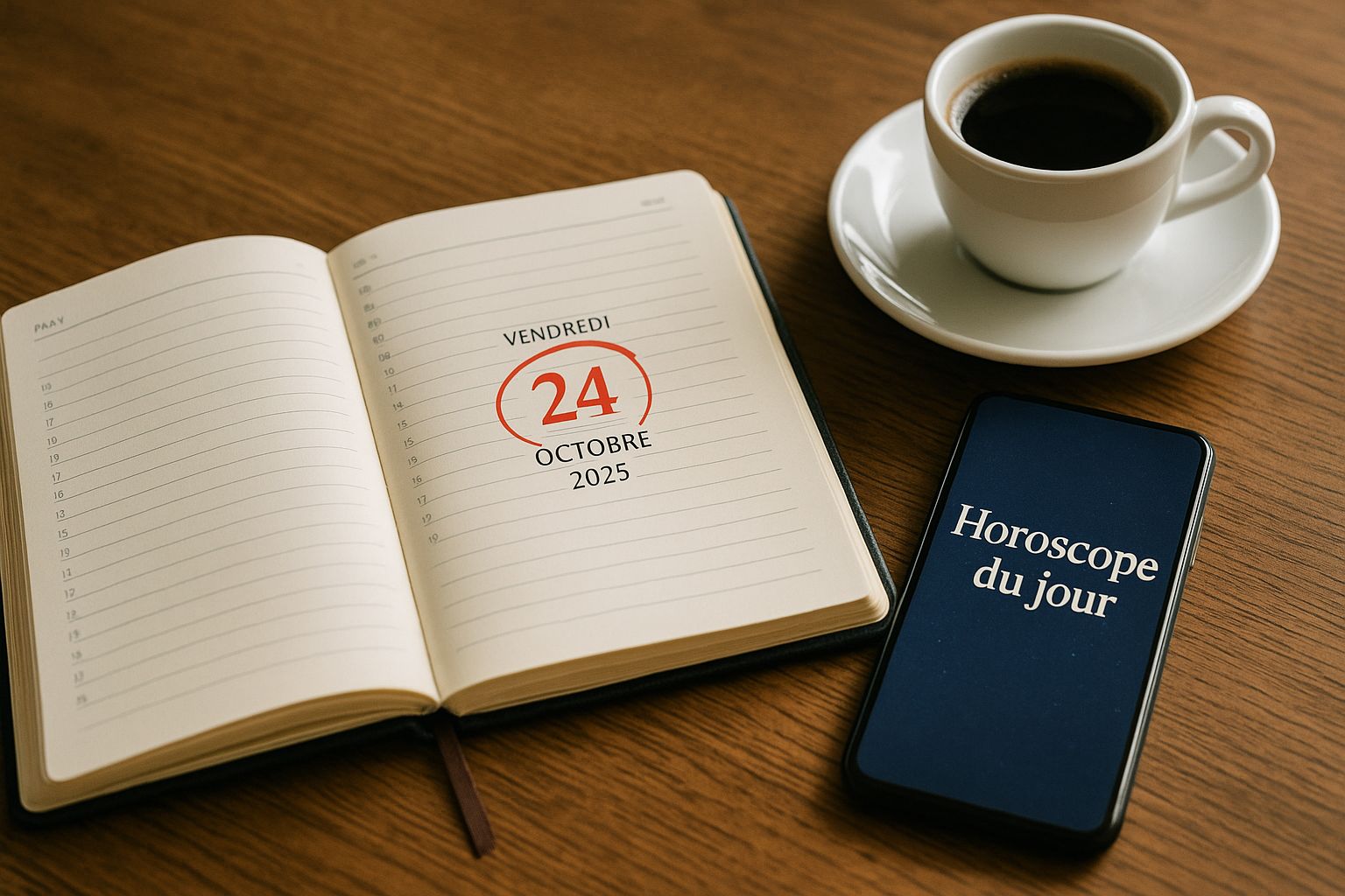 Bureau en bois, agenda ouvert au vendredi 24 octobre 2025, smartphone “Horoscope du jour” et tasse de café, ambiance fin de semaine.