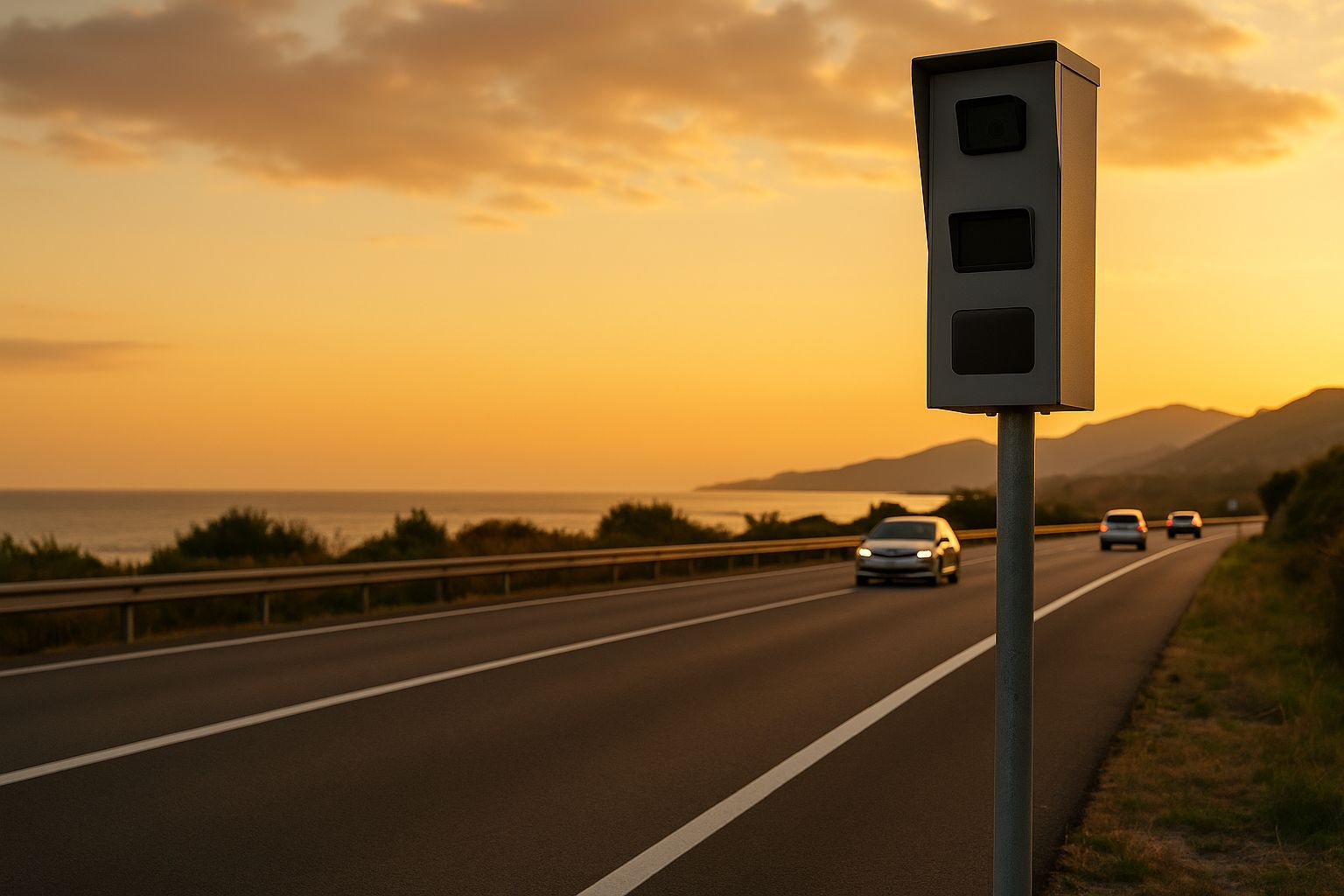 Radar routier de nouvelle génération installé le long d’une route côtière, au coucher du soleil, avec circulation légère et ligne médiane bien marquée.