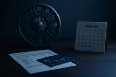 Carte bancaire posée sur un relevé, calendrier d’octobre et roue du zodiaque en arrière-plan, lumière bleutée et ambiance studio, format horizontal