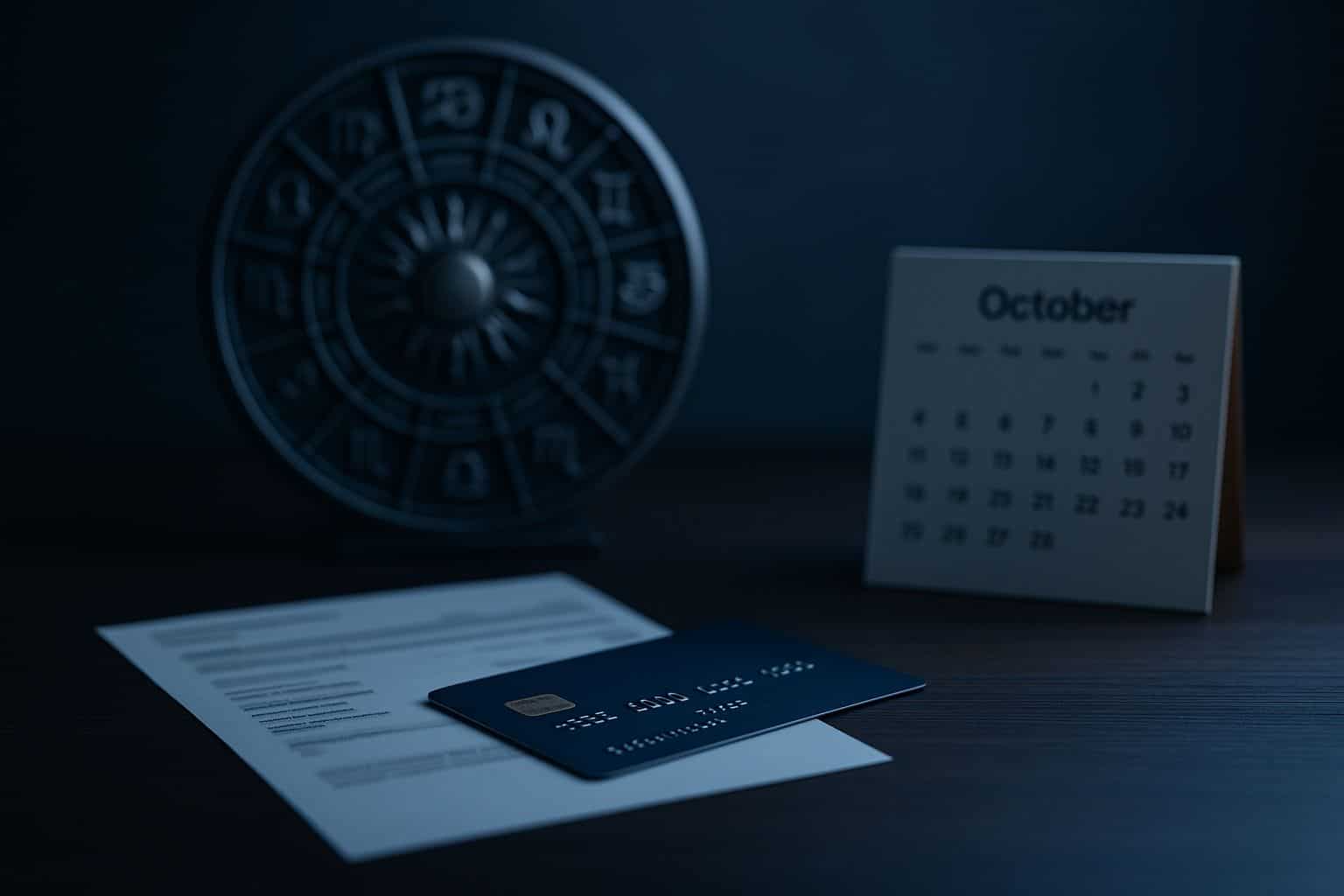 Carte bancaire posée sur un relevé, calendrier d’octobre et roue du zodiaque en arrière-plan, lumière bleutée et ambiance studio, format horizontal