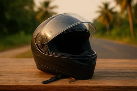 Casque de moto ouvert avec la pointe d’un serpent dissimulée près de la jugulaire, sur une aire de pause tropicale au coucher du soleil.