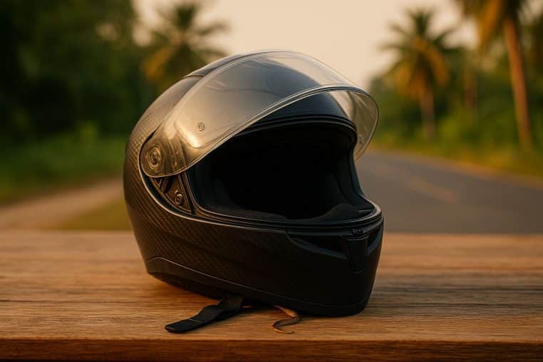 Casque de moto ouvert avec la pointe d’un serpent dissimulée près de la jugulaire, sur une aire de pause tropicale au coucher du soleil.