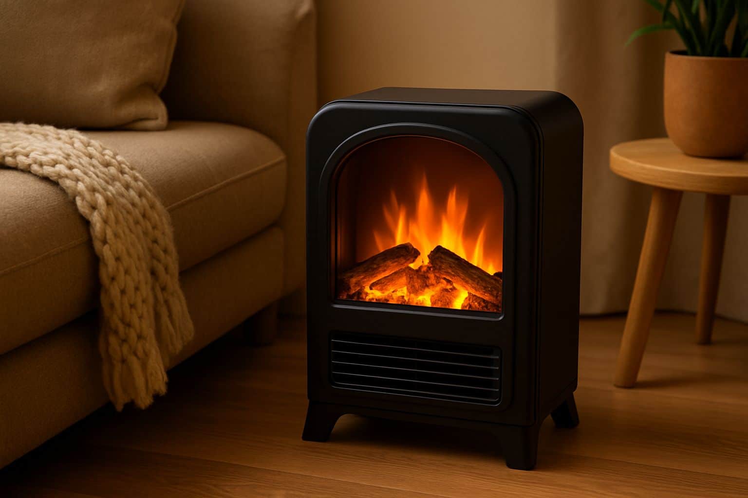 Poêle soufflant noir à effet flamme posé près d’un canapé dans un salon chaleureux, ambiance douce et réaliste.