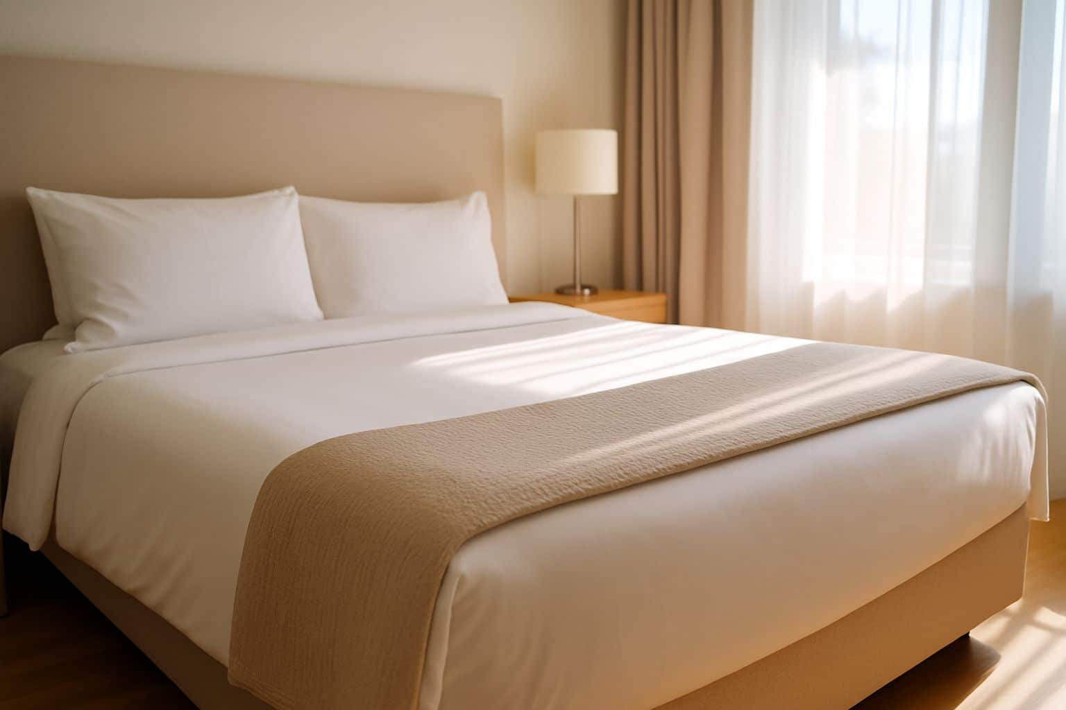 Couvre-lit plié au pied d’un lit d’hôtel, draps blancs impeccables et lumière du matin entrant par la fenêtre