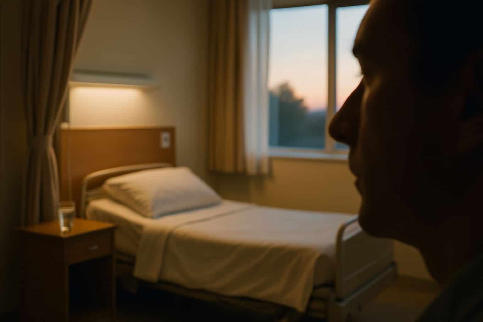 Chambre de soins palliatifs au crépuscule, lit prêt et verre d’eau, avec un profil humain flou au premier plan laissant deviner le nez.