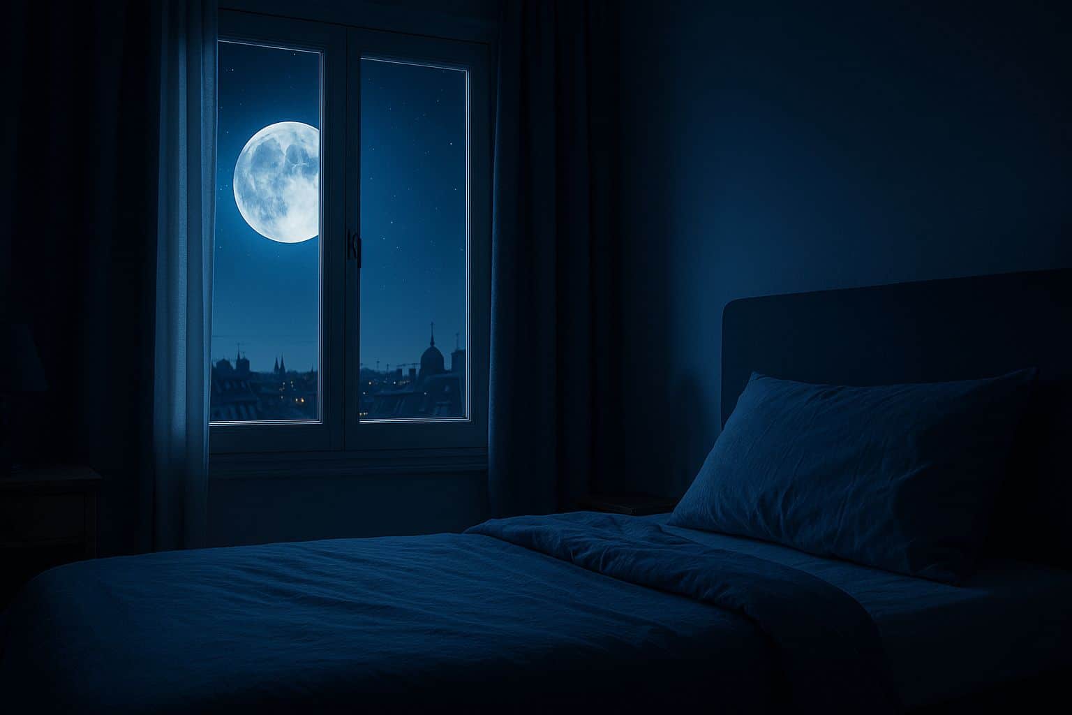 Super Lune du 7 octobre au-dessus d’un toit de ville française, vue depuis une chambre sombre où la lumière lunaire bleutée effleure le lit.