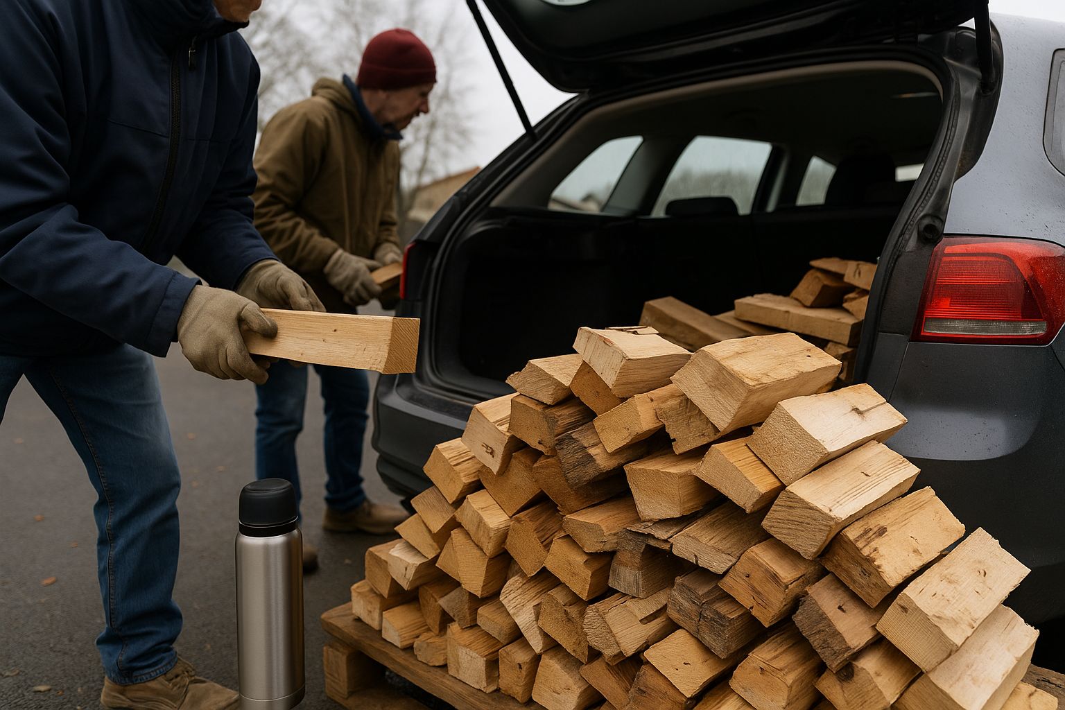 Tas de bûches issues de palettes chargées dans le coffre d’une voiture, avec un thermos de café posé au sol par temps gris.