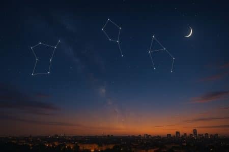 Ciel d’automne au-dessus d’une ville, lune fine et trois constellations discrètes alignées à l’horizon