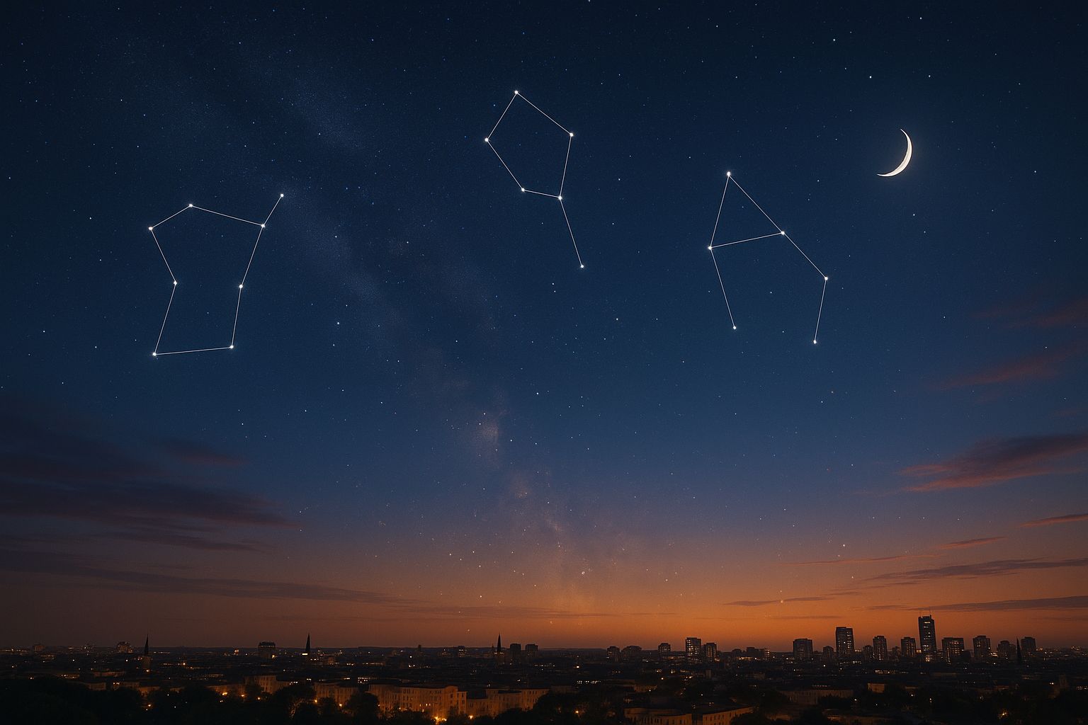 Ciel d’automne au-dessus d’une ville, lune fine et trois constellations discrètes alignées à l’horizon