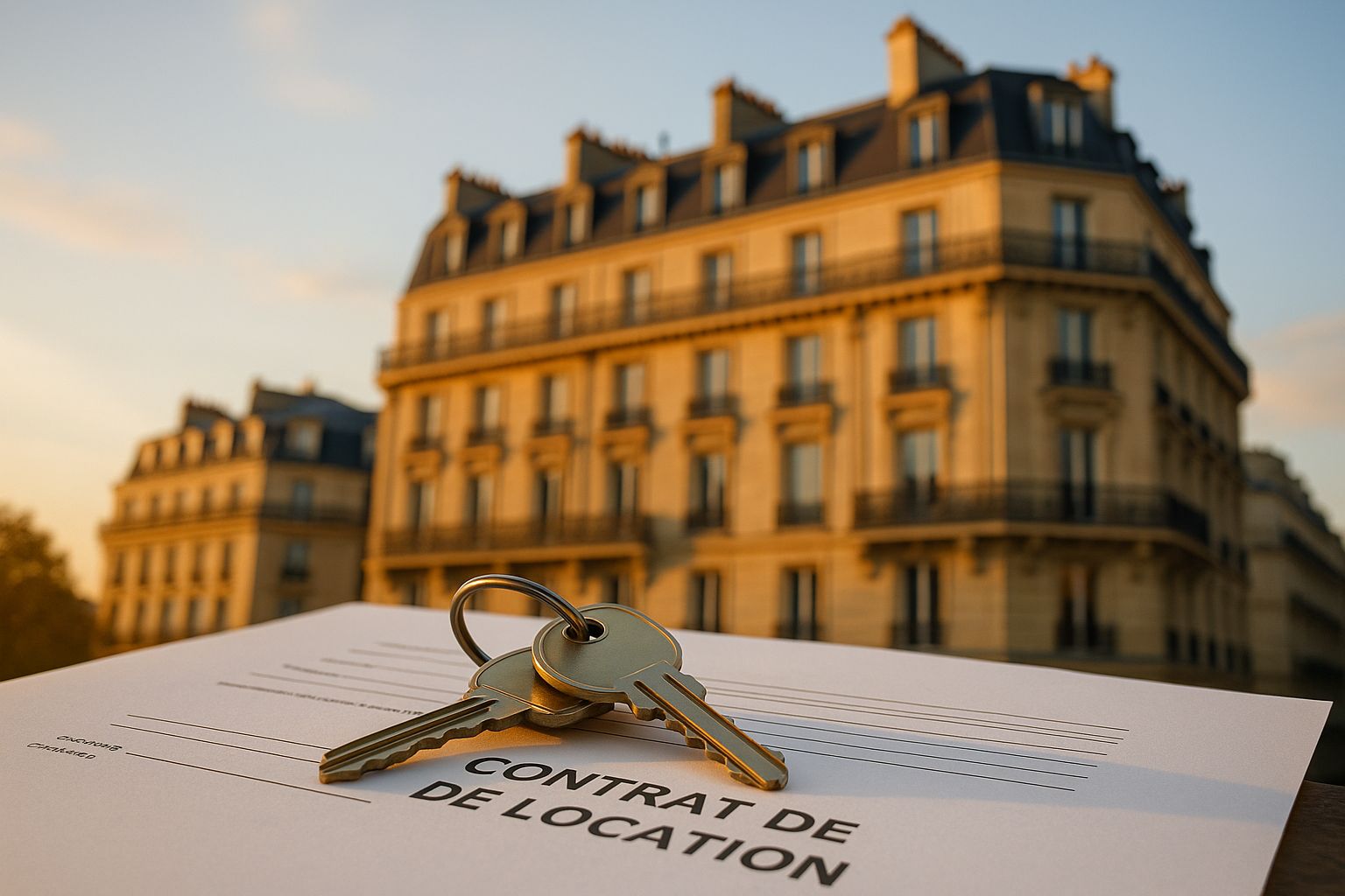 Clés dorées posées sur un « contrat de location » avec, en arrière-plan, un immeuble haussmannien au coucher du soleil.
