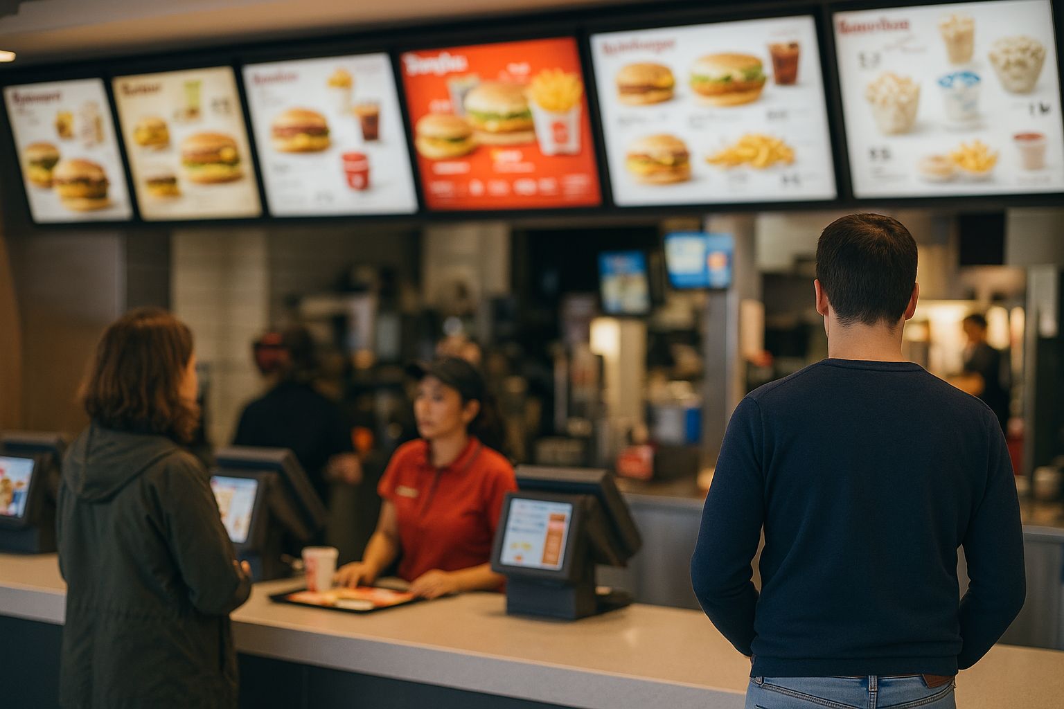 Comptoir de restauration rapide en France avec menus lumineux floutés et clients passant commande.