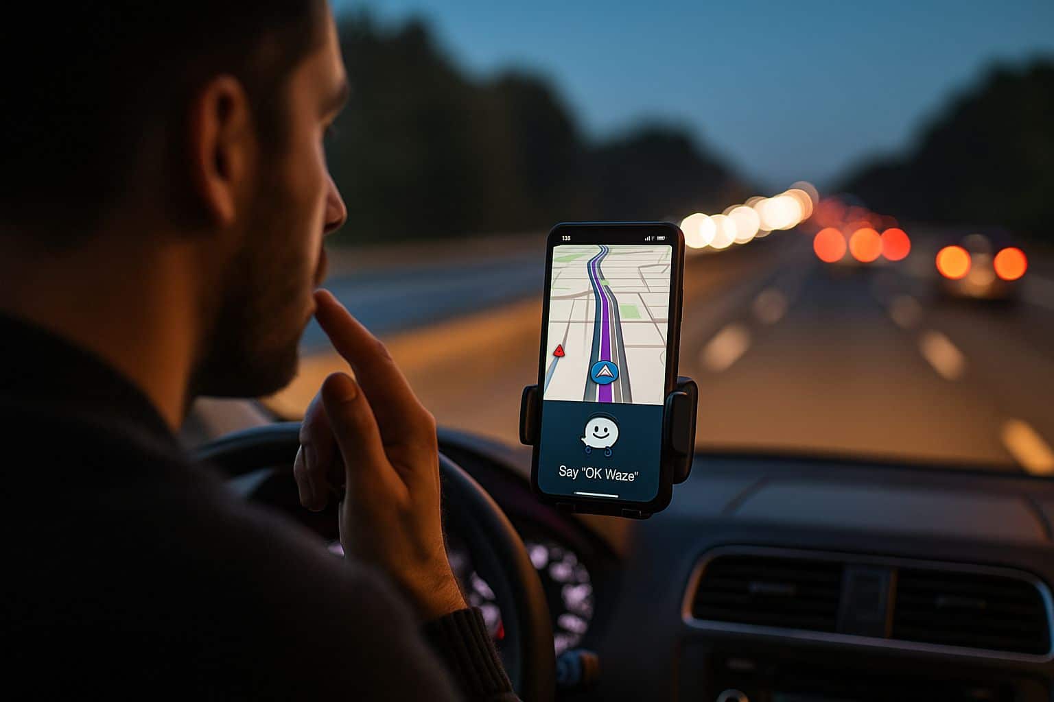 Conducteur dictant un signalement à la voix, smartphone sur support affichant une carte de navigation au crépuscule sur autoroute